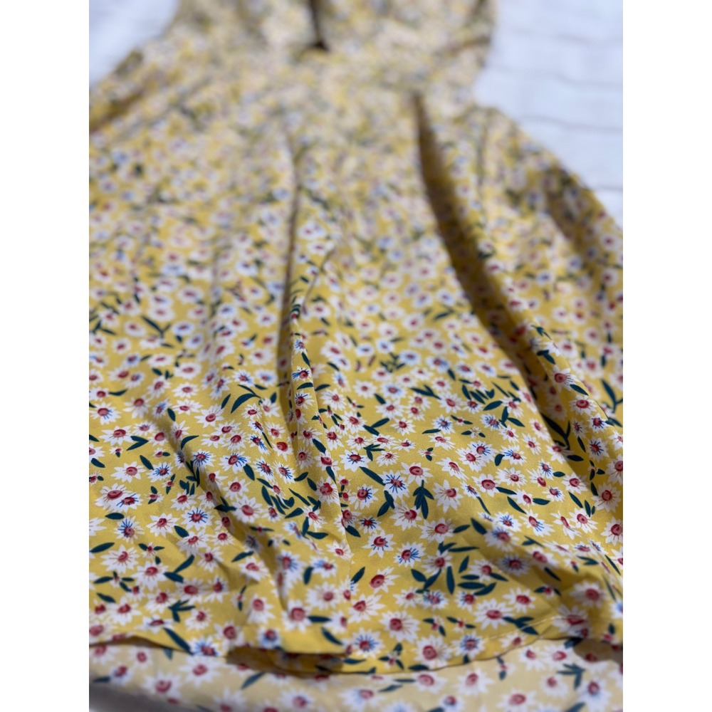 Yellow Ditsy Floral Fit & Flare Mini Dress Cutout Tie Back M Cottagecore Summer - Picture 8 of 10